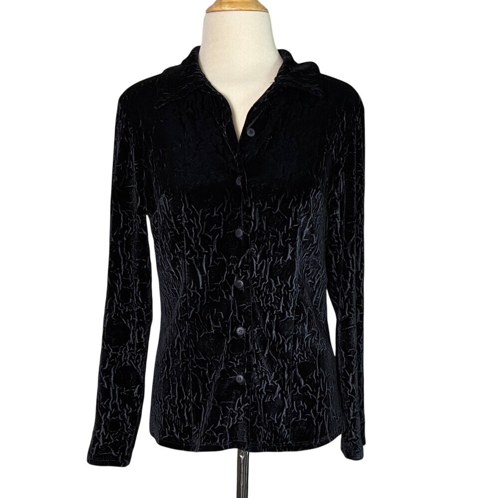 RUSS BERENS Women Small Black Crushed Burnout Long Sleeve Button Up‎ Top Witchy